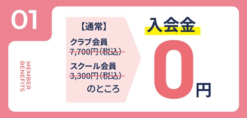 特典01 通常クラブ会員7,700円（税込）・スクール会員3,300円（税込）の入会金が0円